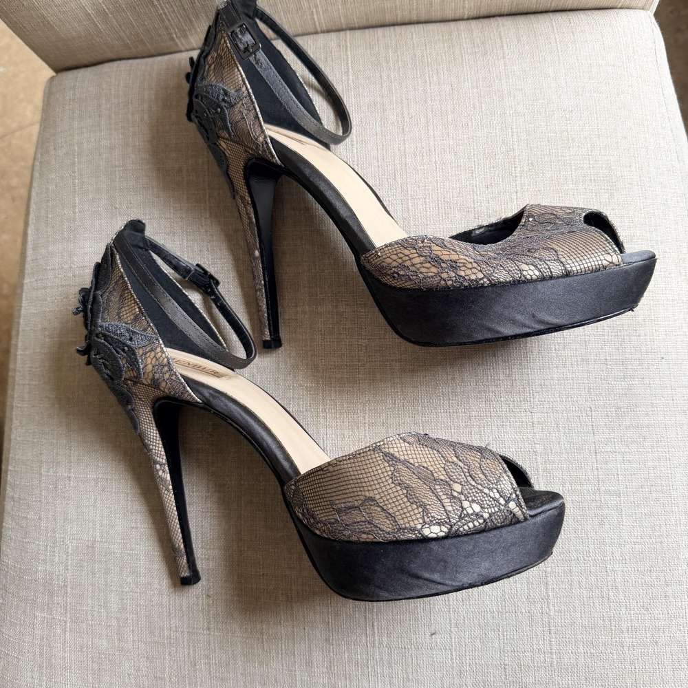 Menbur Shoes Size 10 Black Lace Platform Peep Toe Ankle Strap Heels Y2K Retro